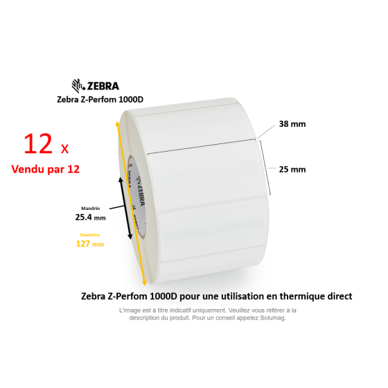 12 x rouleaux d'étiquettes 38x25mm, Zebra Z-Perform 1000D,