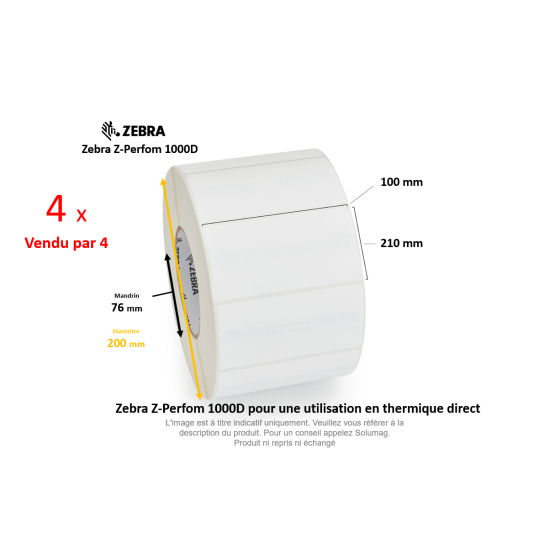 4 x rouleaux d'étiquettes 100x210mm, Zebra Z-Perform 1000D