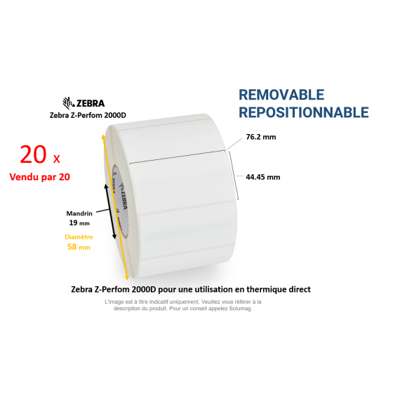 20 x rouleaux d'étiquettes 76,2x44,45mm, repositionnable type 200D