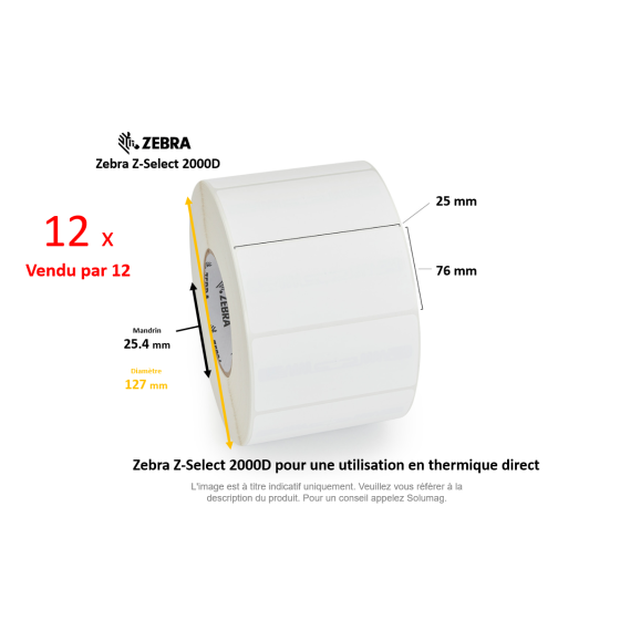 12 x rouleaux d'étiquettes 25x76mm, type Zebra 2000D,