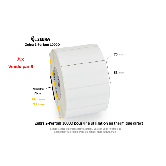 8 x rouleaux d'étiquettes 70x32mm, Zebra Z-Perform 1000D