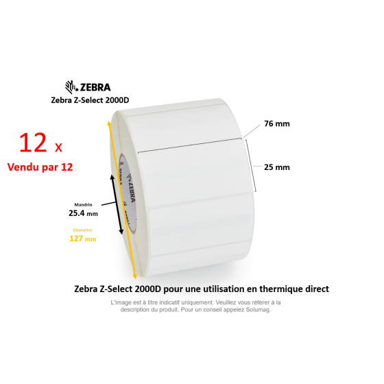 12 x rouleaux d'étiquettes 76x25mm, type 2000D