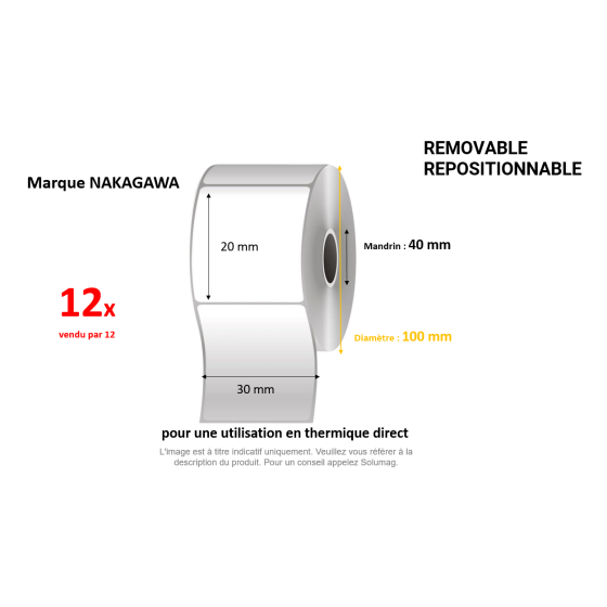 12 x rouleaux d'étiquettes 30x20mm, repositionnable,  papier thermique