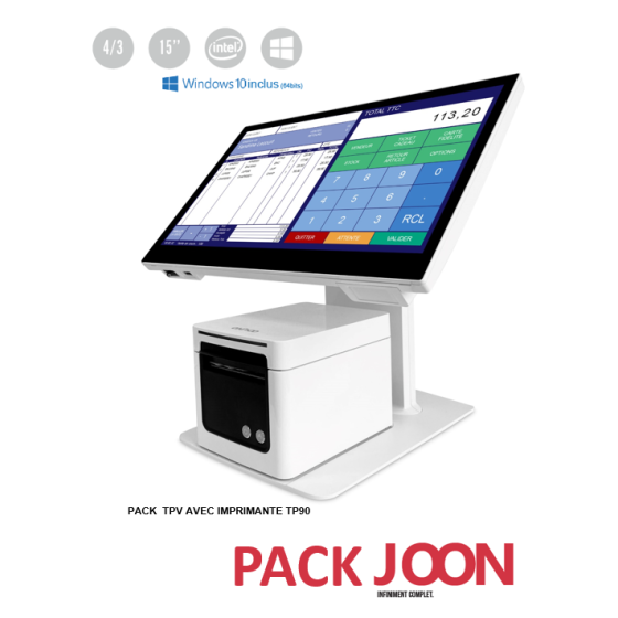 PACK JOON J6412 Blanc (4/3) avec Win10, TPV JOON J6412 + imprimante TP90