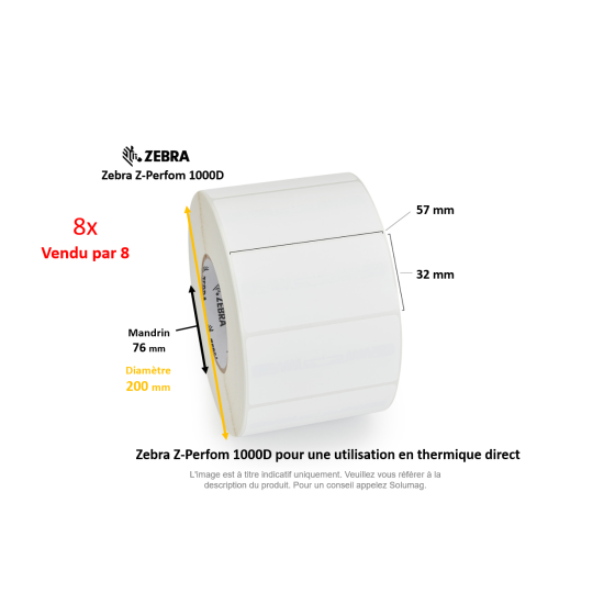 8 x rouleaux d'étiquettes 57x32mm, Zebra Z-Perform 1000D