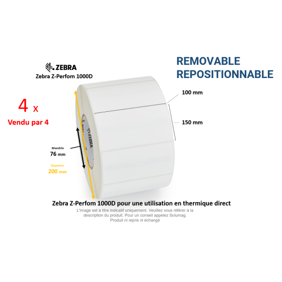 4 x rouleaux d'étiquettes 100x150mm, Zebra Z-Perform 1000D,  papier thermique,